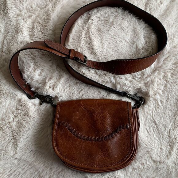Frye Melissa Whipstitch Mini Saddle Distressed Leather Brown Crossbody Brown - Picture 3 of 14